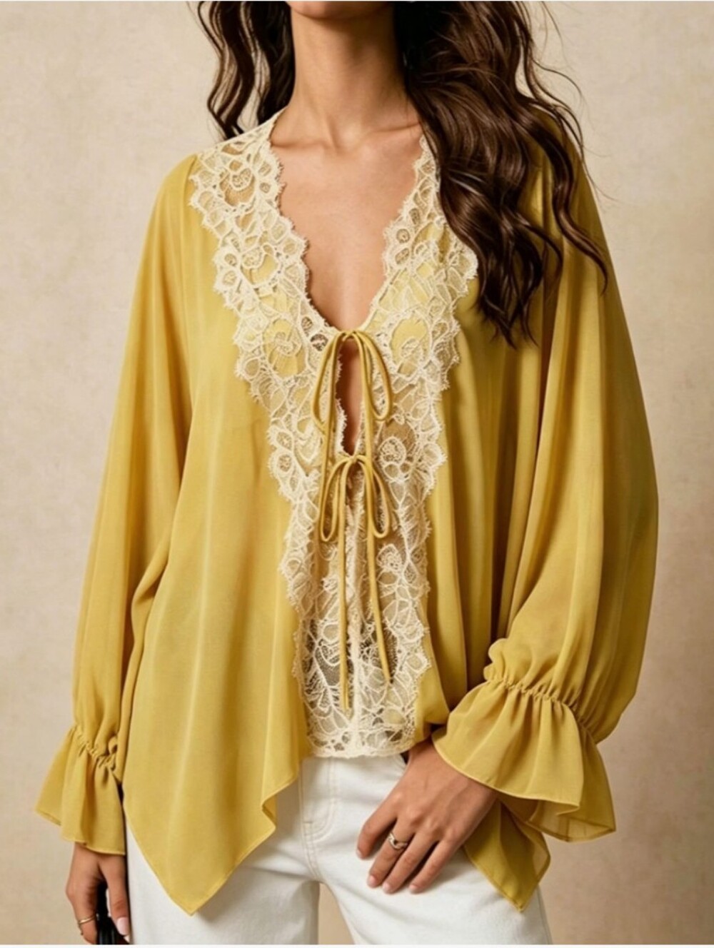 Sheer Chiffon Lace Trim Blouse V Neck Tie Front Flowy Shirt